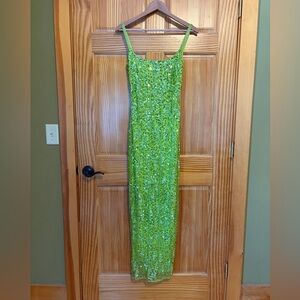 Mac Duggal Green Embellished Square Neck Gown, US 0